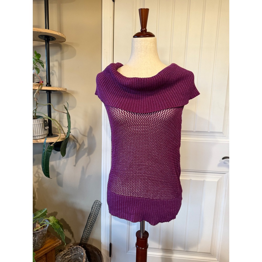 Cache‎ Purple Metallic Cowl Neck Cap Sleeve Knit Top Women's Size M